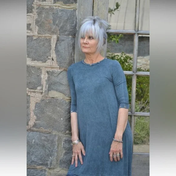 BLUE A-Line 3/4 sleeve Swing Dress - Picture 3 of 4